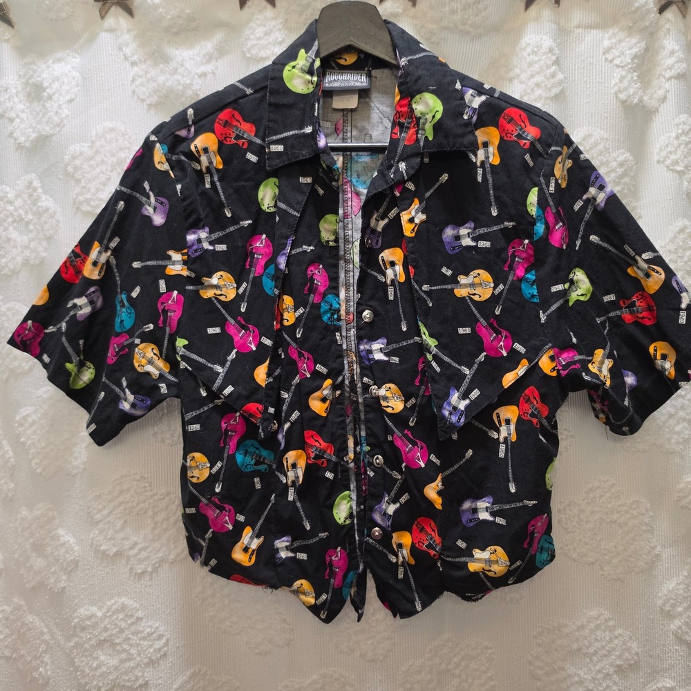 Roughrider by Circle T Vintage Guitar Print Western Tie Back Crop Shirt Black L